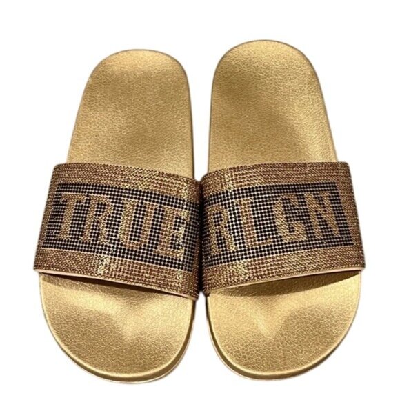 True Religion Shoes - True Religion Gold Rhinestone Slide Sandals Womens Size 9
